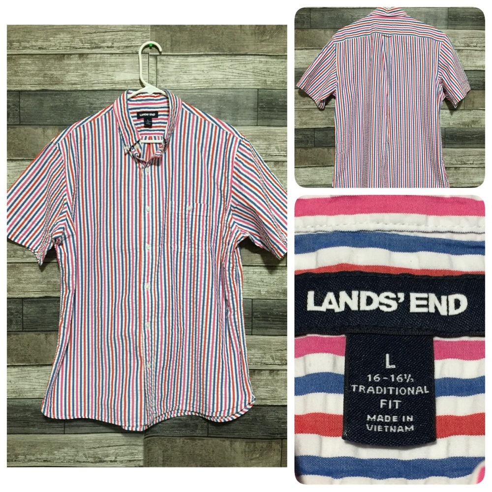Lands End Traditional Fit Seersucker Striped Button Up Shirt Men L Red Blue Pink